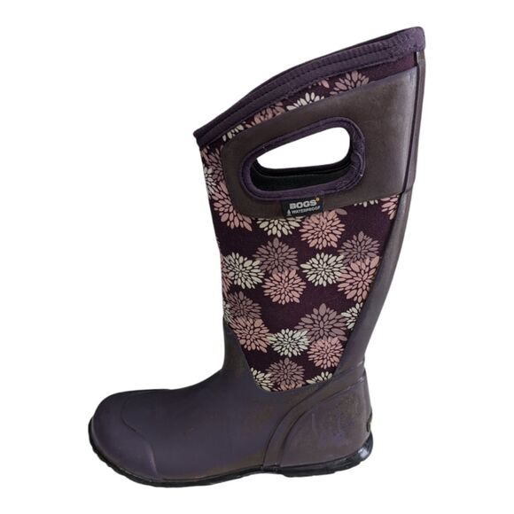 BOGS Hampton Pom pom Purple Floral Rain waterproof Boots Women's Size 6 - Picture 1 of 11